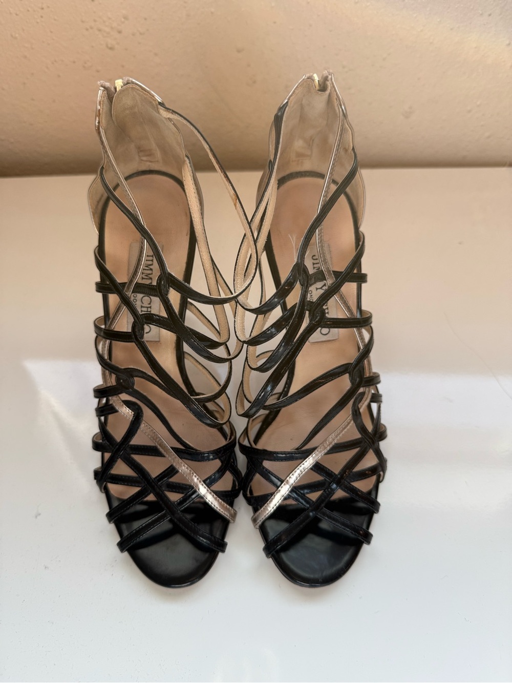 Jimmy Choo Black and Silver Strappy High Heel Sandals